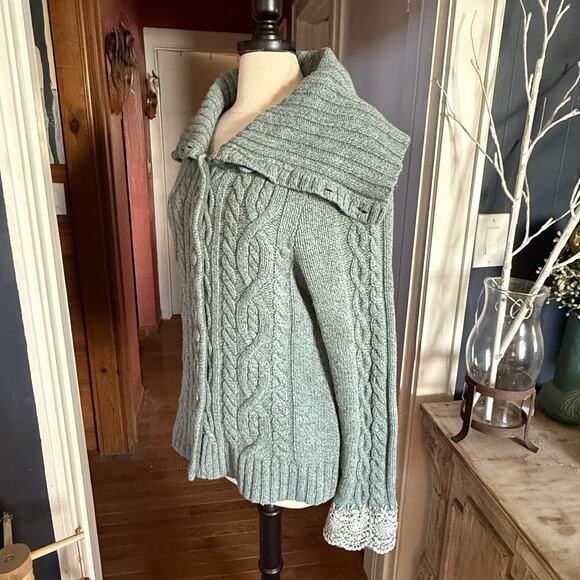 Anthropologie Sleeping on Snow Cardigan Sweater XL Cable Knit Lace Cuff Sleeves - Picture 12 of 16